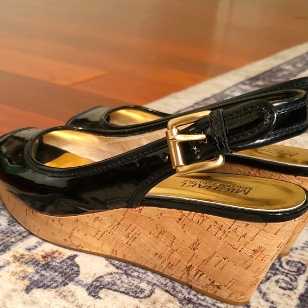 Michael Kors Black Patent Leather Cork Wedge Sandals with Gold Buckle